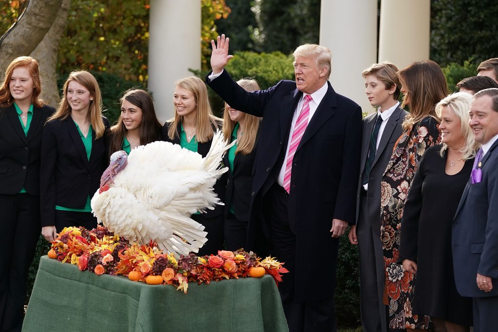 WASHINGTON, DC – NOVEMBER 21: U.S. President Donald Trump (C), first lady Melania Trump, their son Barron, National Turkey Federation Chairman Carl Wittenburg and his family and members of the Draper County, Minnesota, 4-H chapater pose for photographs after Trump pardoned, Drumstick, the National Thanksgiving Turkey in the Rose Garden at the White House November 21, 2017 in Washington, DC. Following the presidential pardon, the 40-pound White Holland breed which was raised by Wittenburg in Minnesota, will then reside at his new home, ‘Gobbler’s Rest,’ at Virginia Tech. (Chip Somodevilla/Getty Images)