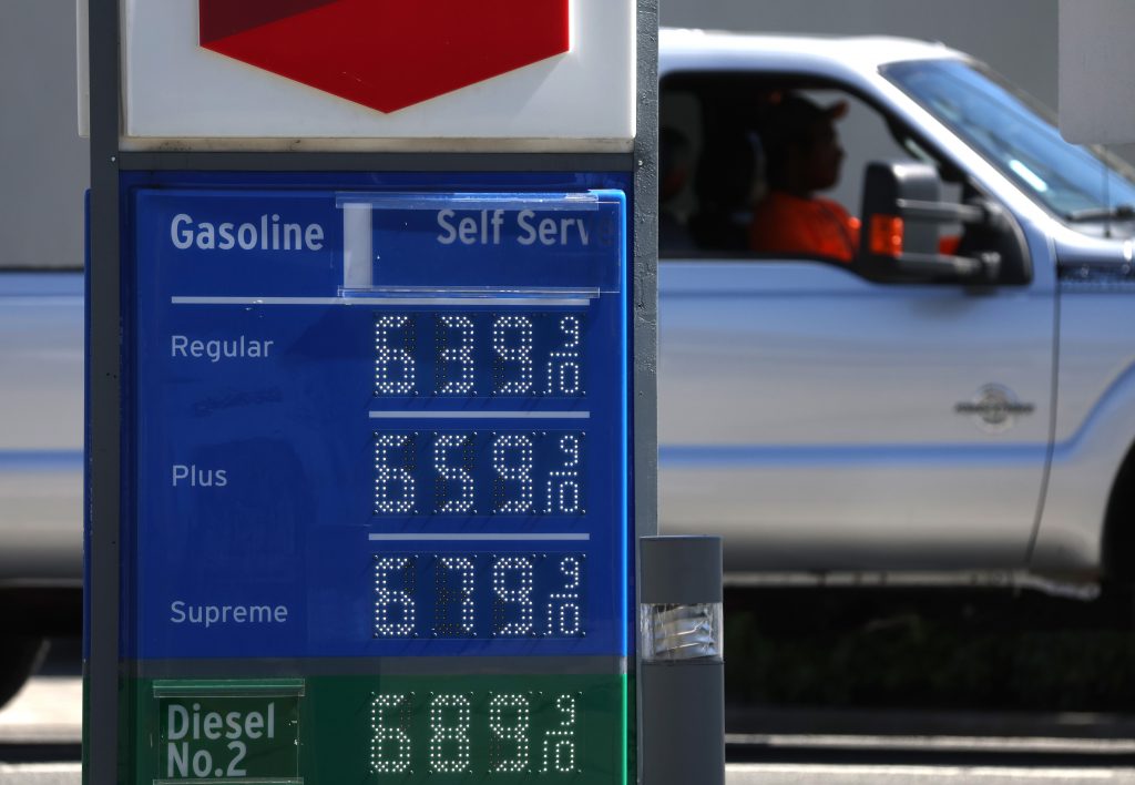 SAN RAFAEL, CALIFORNIA – MAY 20: Gas prices over $6.00 per gallon are displayed at a Chevron gas station on May 20, 2022 in San Rafael, California. Gas prices in California have surpassed $6.00 per gallon for the first time ever. The average price per gallon of regular unleaded gasoline in California is at $6.05 and $6.29 in the San Francisco Bay Area. (Justin Sullivan/Getty Images)