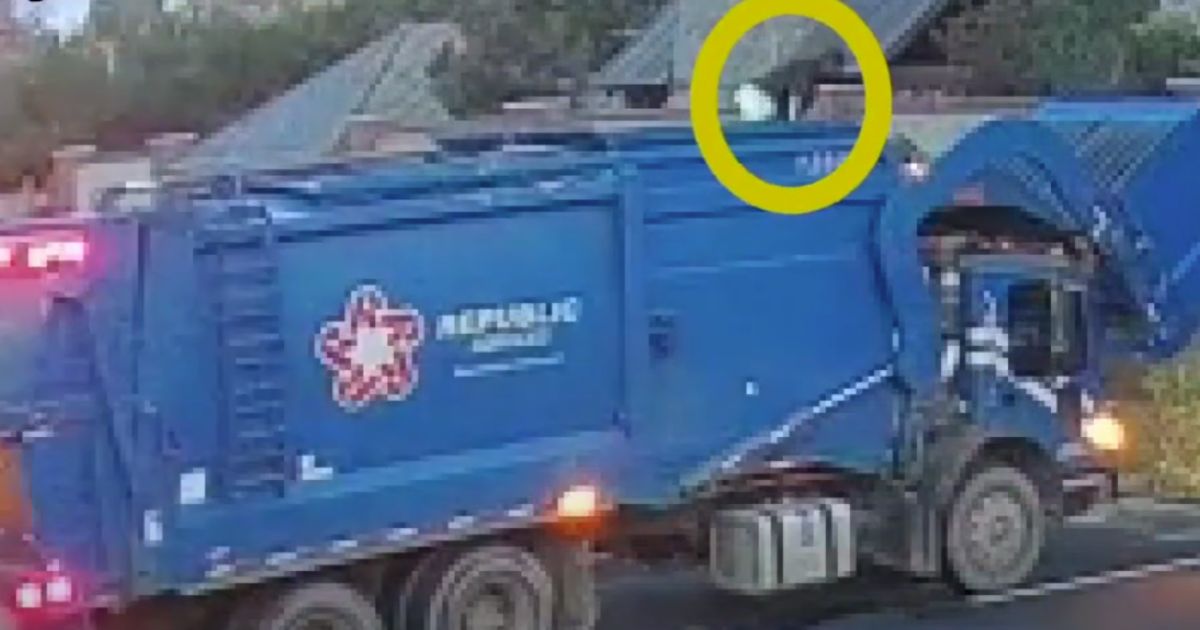 Waste Service Truck Picks Up Dumpster and Dumps it, Then Driver Spots Person in Hopper Camera