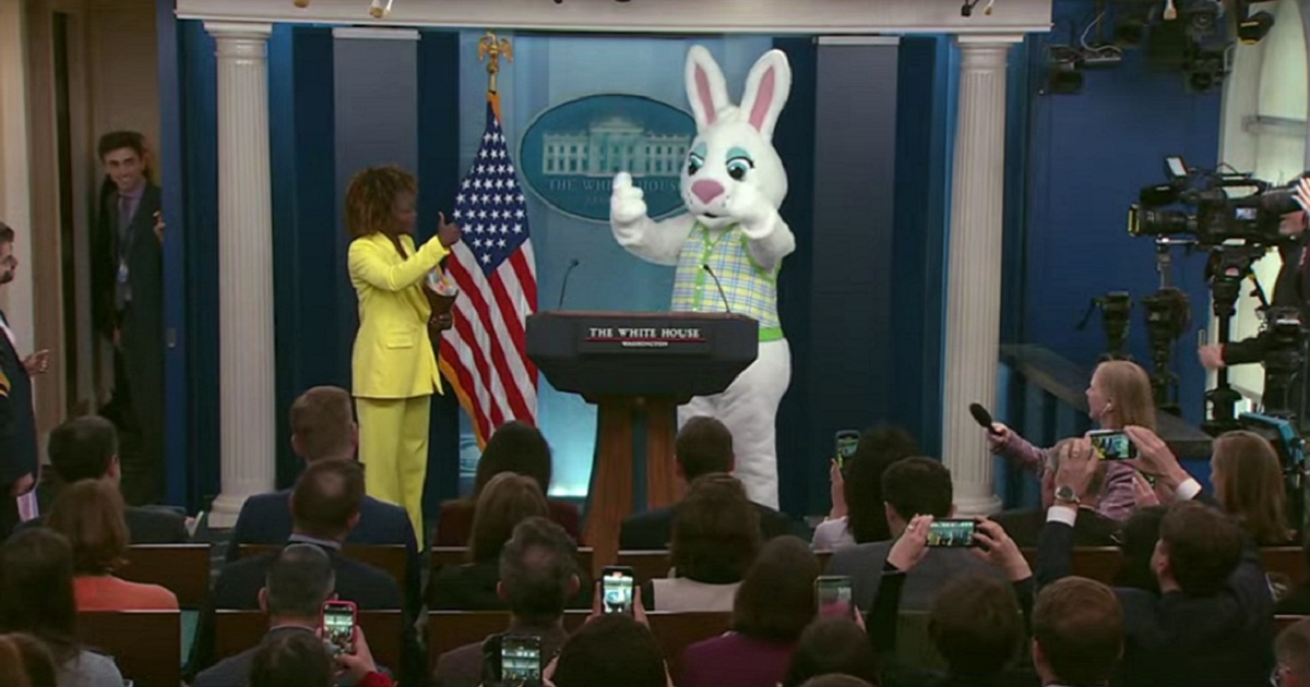 Watch: KJP Opens Up Press Briefing With Bizarre Visit From the Easter Bunny