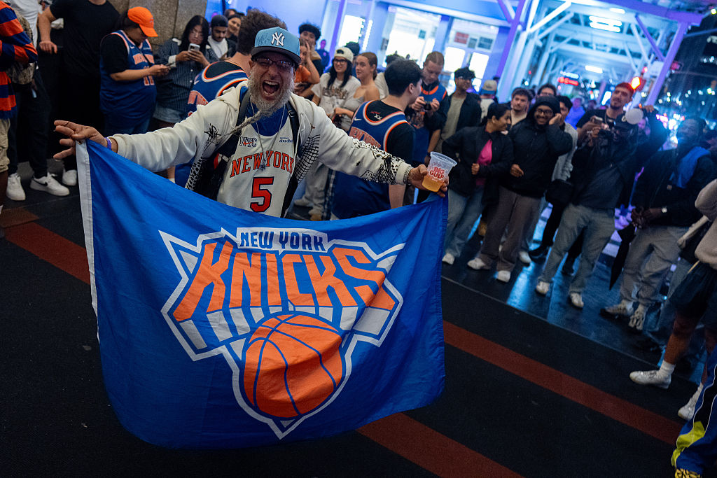 NEW YORK, NEW YORK – MAY 25: Knicks fans celebrate winning the eastern conference championship against the Cleveland Cavaliers on May 25, 2026 in New York City. The Knicks last reached the NBA Finals in 1999, falling to the Spurs, and are seeking their first championship since defeating the Lakers in 1973. (Photo by David Dee Delgado/Getty Images)