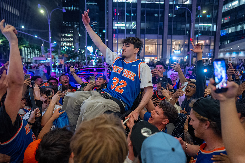 NEW YORK, NEW YORK – MAY 25: Knicks fans celebrate winning the eastern conference championship against the Cleveland Cavaliers on May 25, 2026 in New York City. The Knicks last reached the NBA Finals in 1999, falling to the Spurs, and are seeking their first championship since defeating the Lakers in 1973. (Photo by David Dee Delgado/Getty Images)