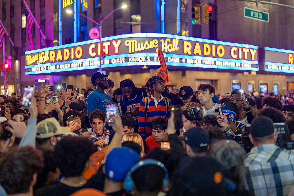 NEW YORK, NEW YORK – MAY 25: Knicks fans celebrate winning the eastern conference championship against the Cleveland Cavaliers on May 25, 2026 in New York City. The Knicks last reached the NBA Finals in 1999, falling to the Spurs, and are seeking their first championship since defeating the Lakers in 1973. (Photo by David Dee Delgado/Getty Images)