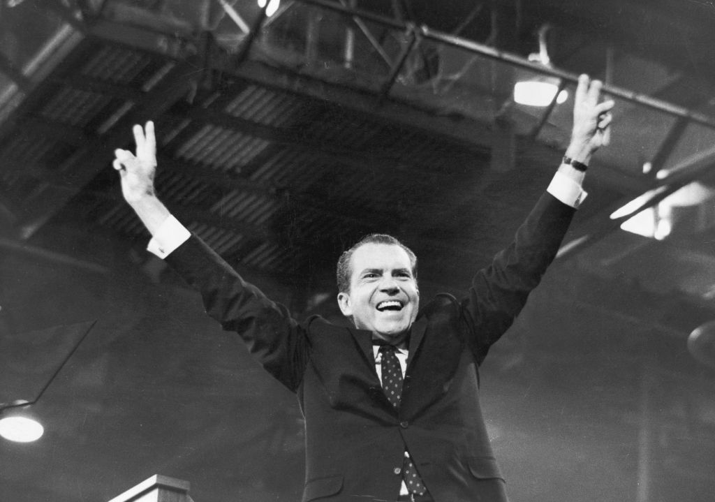 August 1968: American politician Richard Nixon (1913-1994) gives the ‘V’ for victory sign after receiving the presidential nomination at the Republican National Convention, Miami, Florida. (Photo by Washington Bureau/Getty Images)