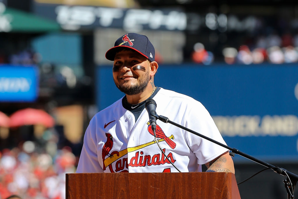 ST. LOUIS, MO – OCTOBER 02: Yadier Molina #4 of the St. Louis Cardinals address fans during a ceremony honoring both Molina and Albert Pujols prior to baseball game against the Pittsburgh Pirates at Busch Stadium on October 2, 2022 in St. Louis, Missouri. (Photo by Scott Kane/Getty Images)