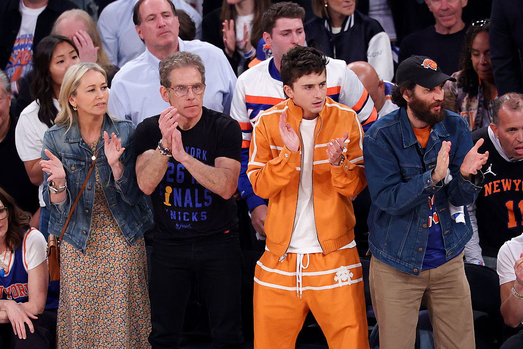 NEW YORK, NEW YORK – JUNE 08: (L-R) Christine Taylor, Ben Stiller and Timothée Chalamet look on during the first quarter between the New York Knicks and the San Antonio Spurs in Game Three of the 2026 NBA Finals at Madison Square Garden on June 08, 2026 in New York City. NOTE TO USER: User expressly acknowledges and agrees that, by downloading and or using this photograph, User is consenting to the terms and conditions of the Getty Images License Agreement. (Photo by Al Bello/Getty Images)