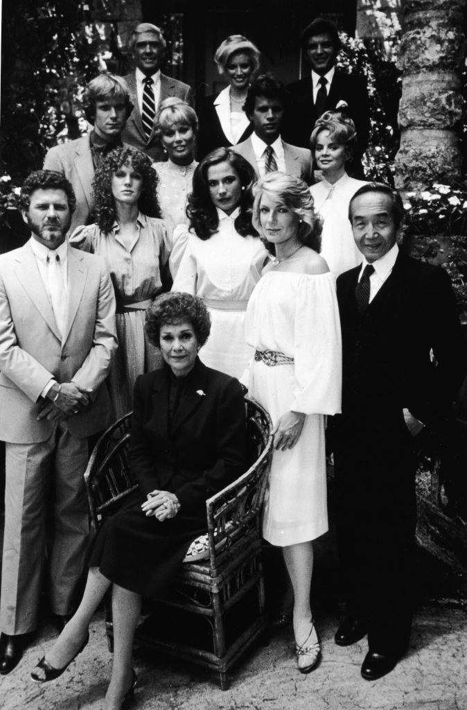 Promotional portrait of the cast of the television series, ‘Falcon Crest,’ circa 1981. Featured actors include (front, L-R): Robert Foxworth, Jane Wyman, Susan Sullivan and Lorenzo Lamas. (Photo by Fotos International/Getty Images)